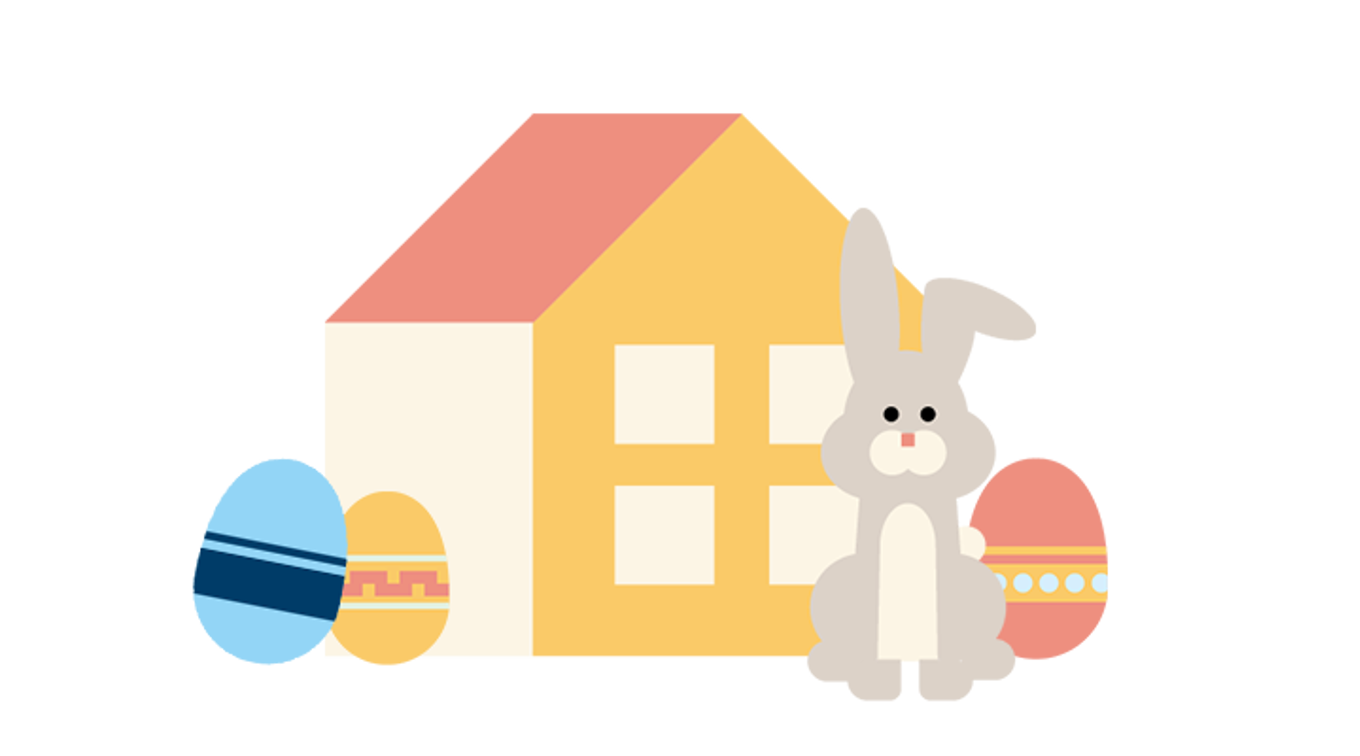 Tegning av en påskehare og påskeegg